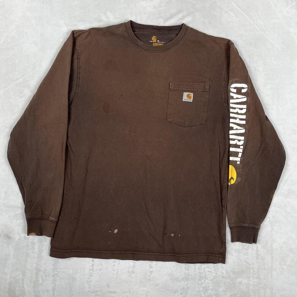 Carhartt Long Sleeve T-Shirt Mens M Brown Pocket Sleeve Logo Sun Faded Y2K